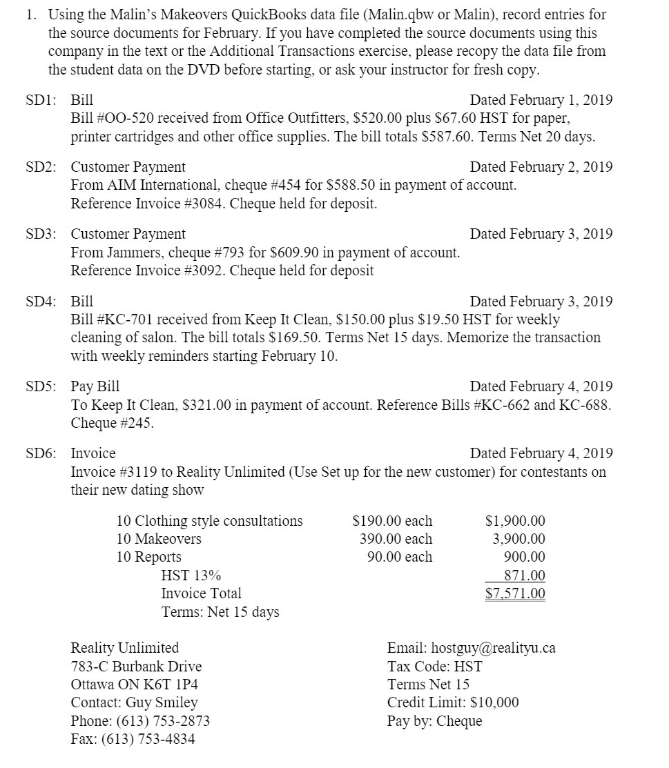  1. Using the Malin's Makeovers QuickBooks data file (Malin.qbw or Malin),