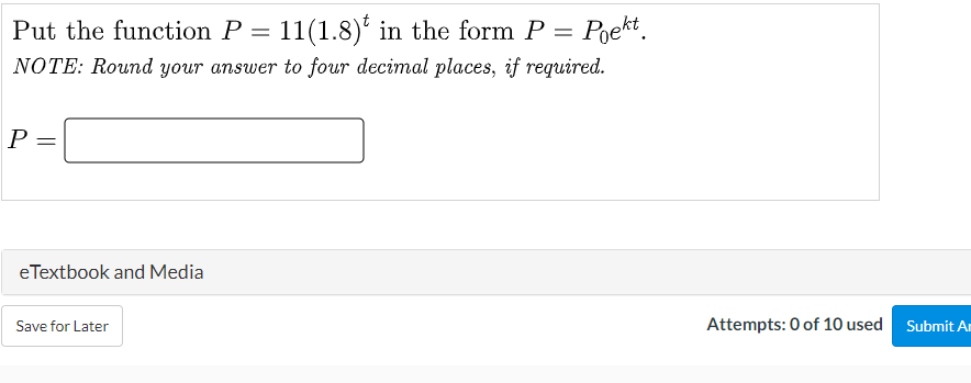Attempts: 0 of 10 used Submit AnswerSolve for 3 using natural logarithms.