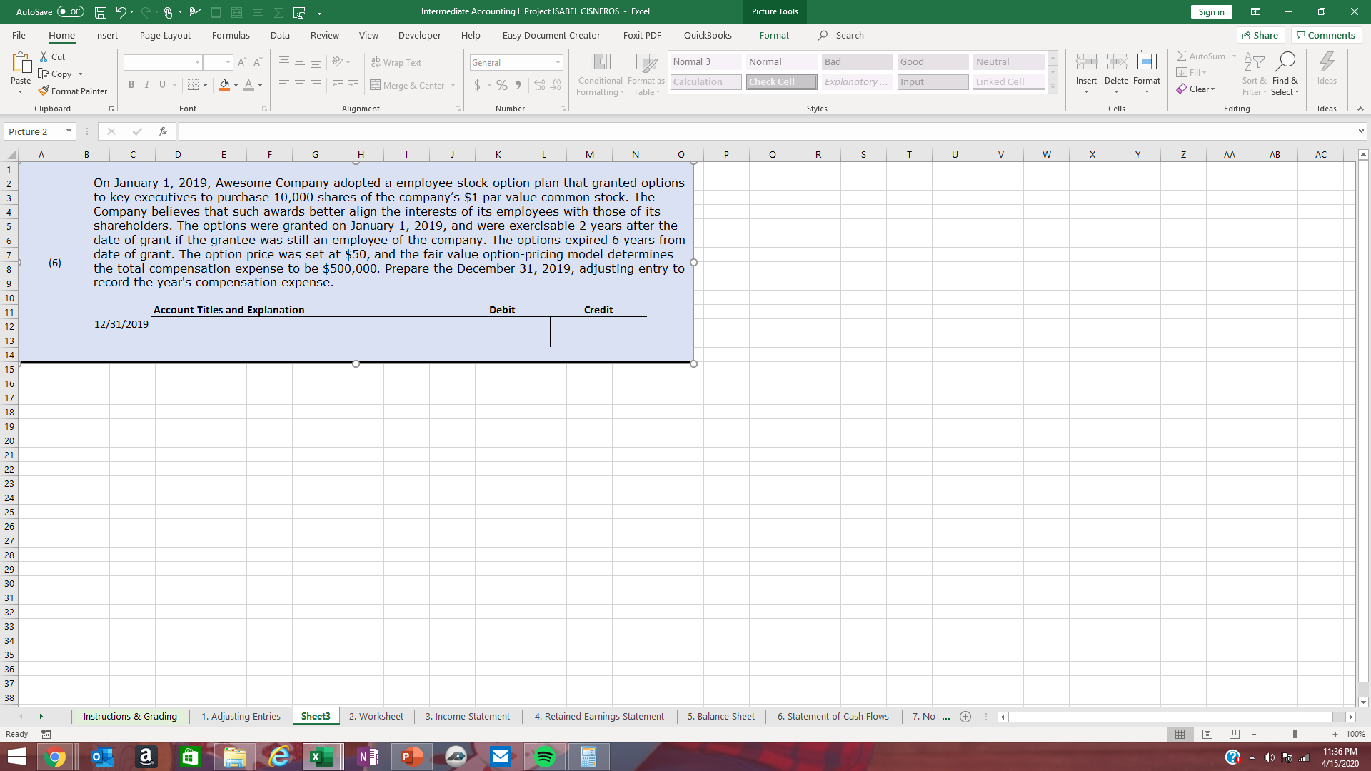 ............ AutoSave . Off) H 9. Intermediate Accounting II Project ISABEL CISNEROS