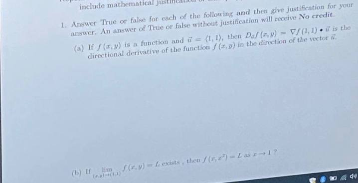 include mathematical justincat 1. Answer True or false for each of