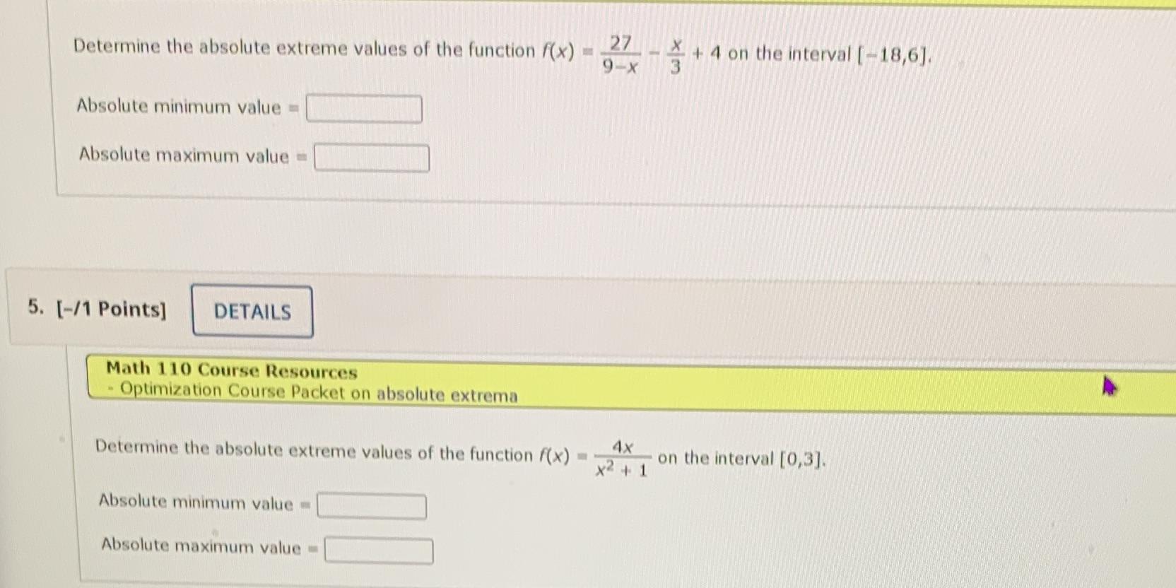 Determine the absolute extreme values of the function f(x) = -