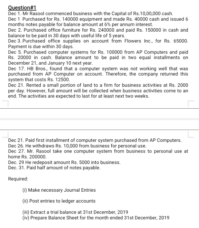 Answer plz Question#1 Dec 1. Mr Rasool commenced business with the Capital