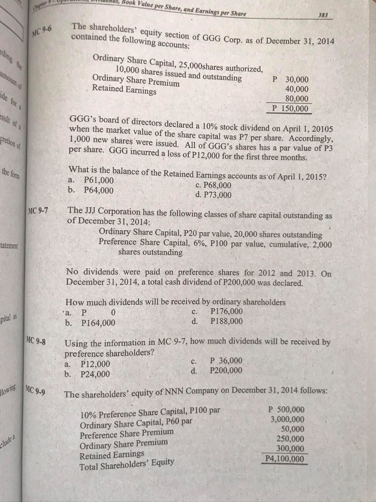 mULTIPLE cHOICE. PRovide Solution Chapter Book Value per Share, and Earnings per