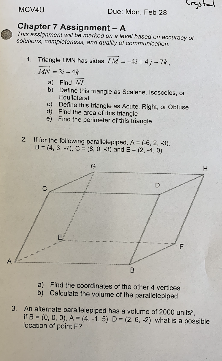  crystal MCV4U Due: Mon. Feb 28 Chapter 7 Assignment - A