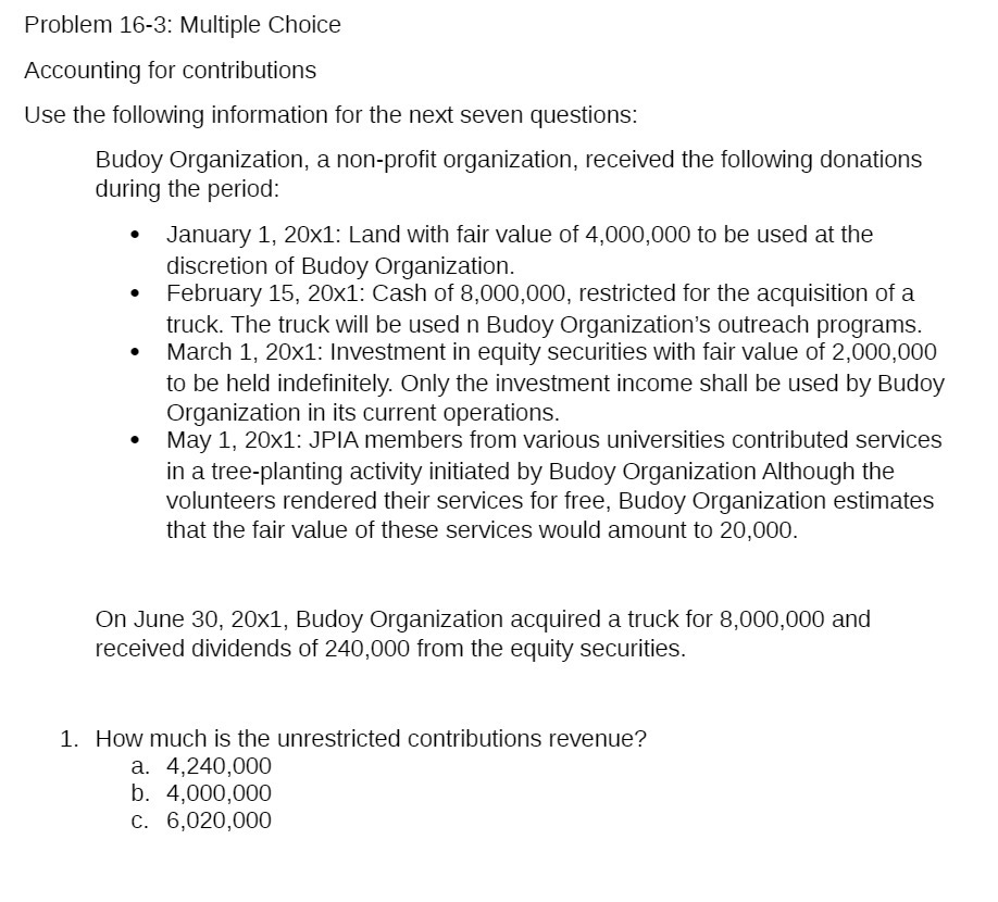 Problem 16-3: Multiple Choice Accounting for contributions Use the following information