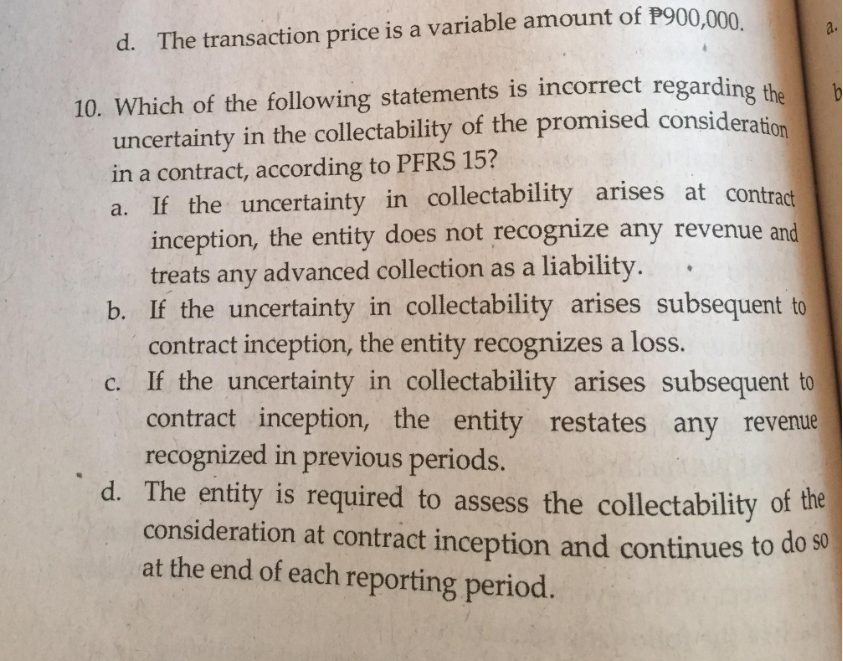 following at contract incepttc*l e customer's ability and intention to pay the