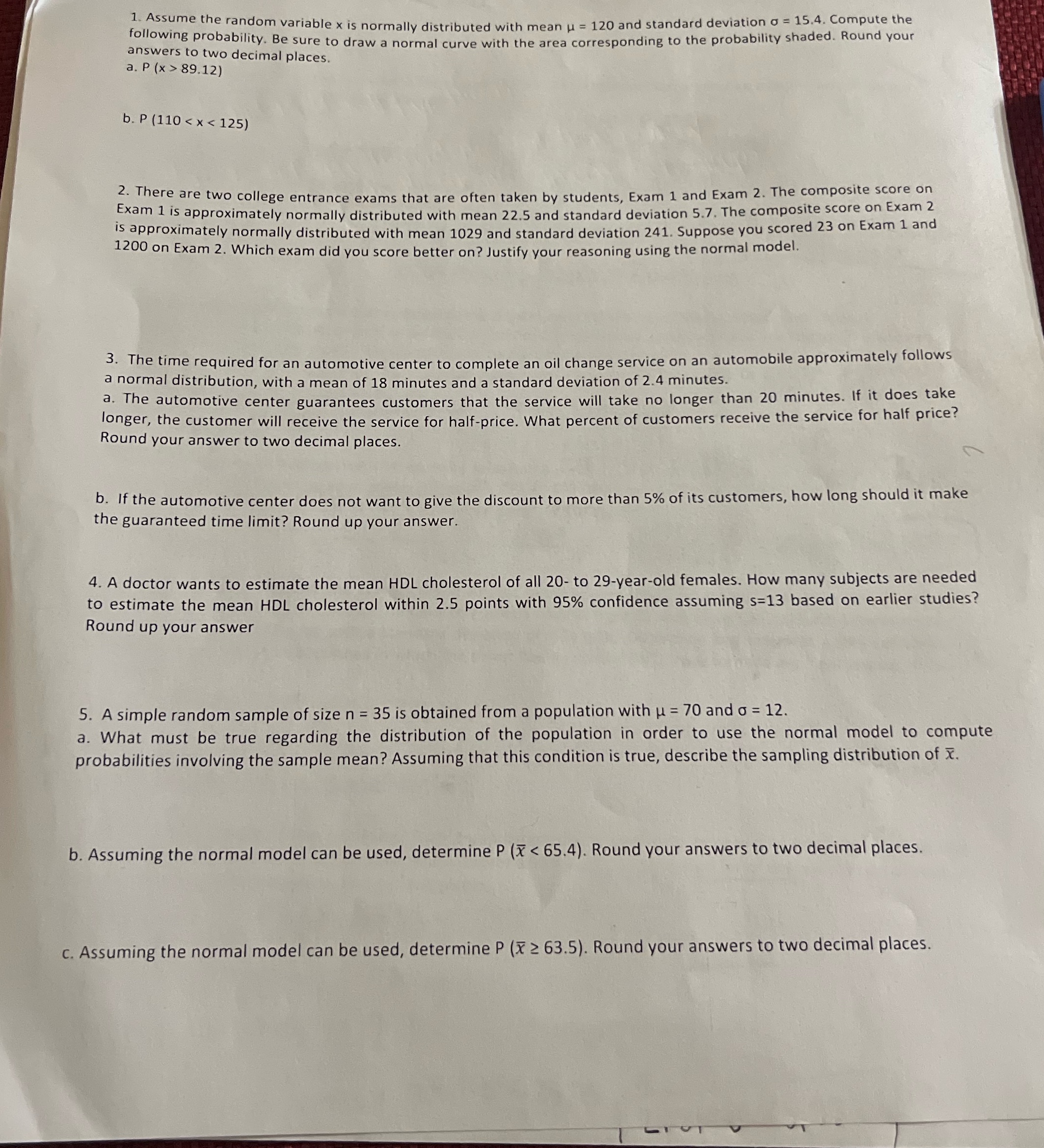 Question 1,2,3,4,5 1. Assume the random variable x is normally distributed with
