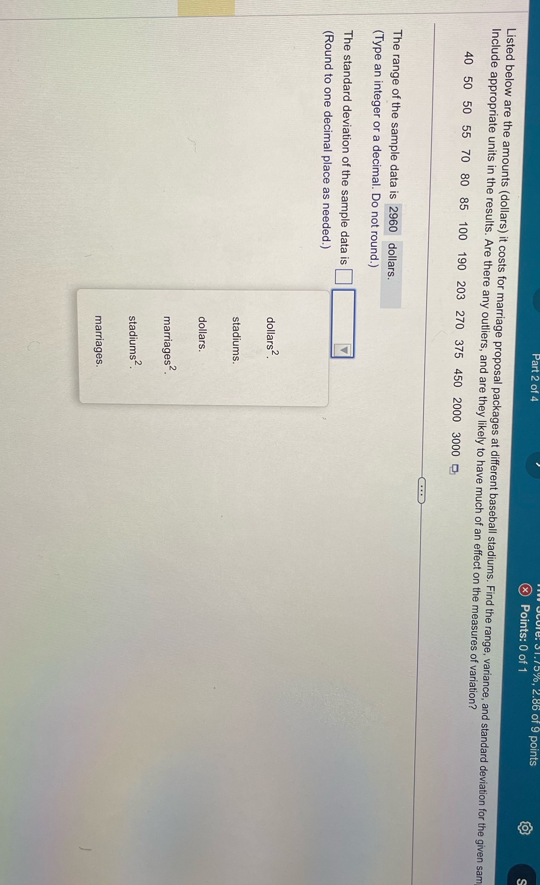 What is the standard deviation and Variance points x Points: 0 of