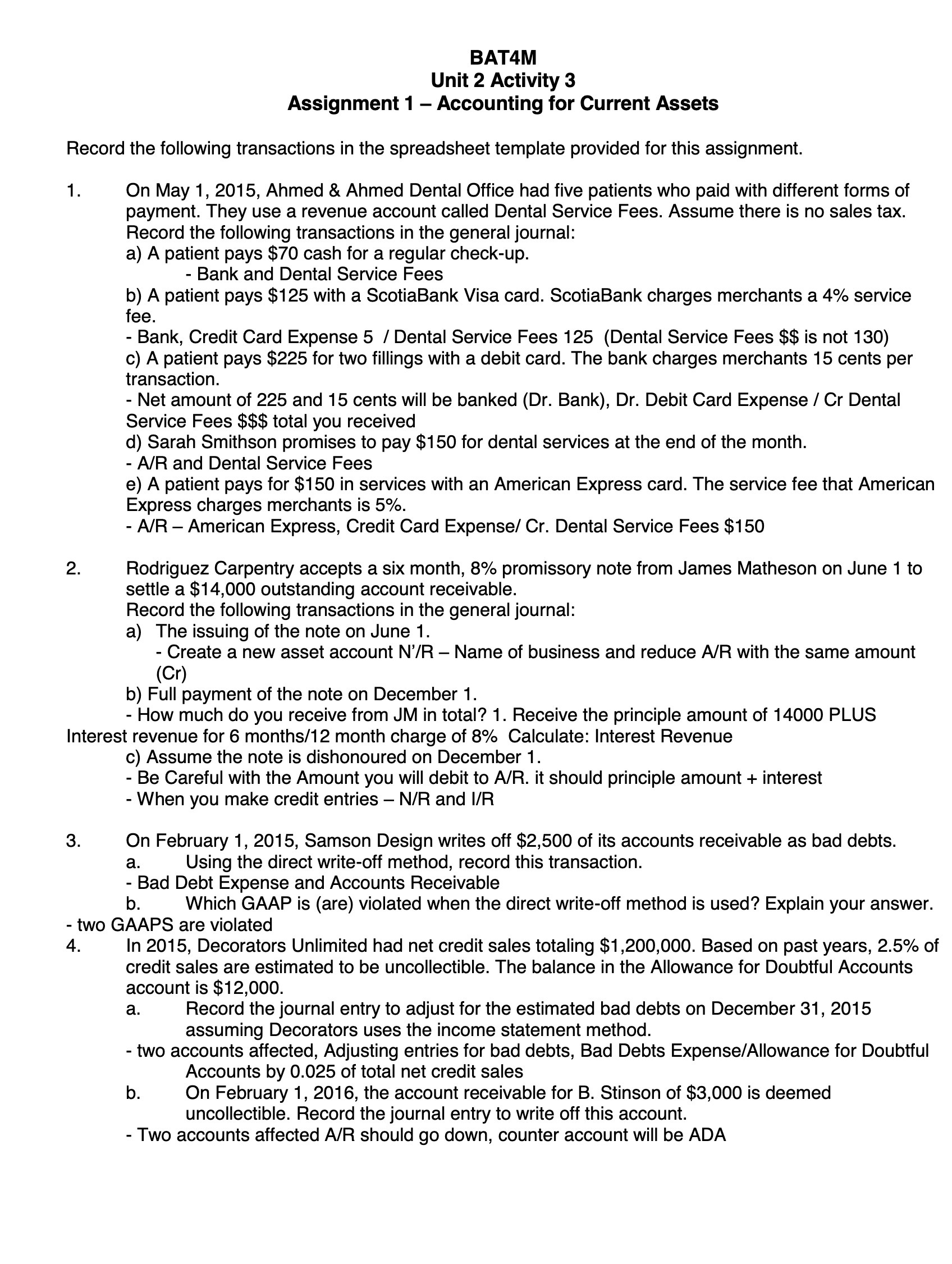 BAT4M Unit 2 Activity 3 Assignment 1 - Accounting for Current