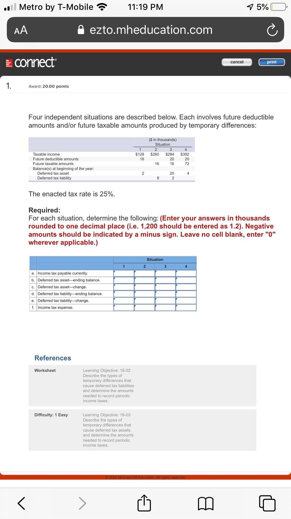 problem 1 \"til, Metro by TMobile '4? 11:19 PM 4 5%D' ezto.mheducation.com