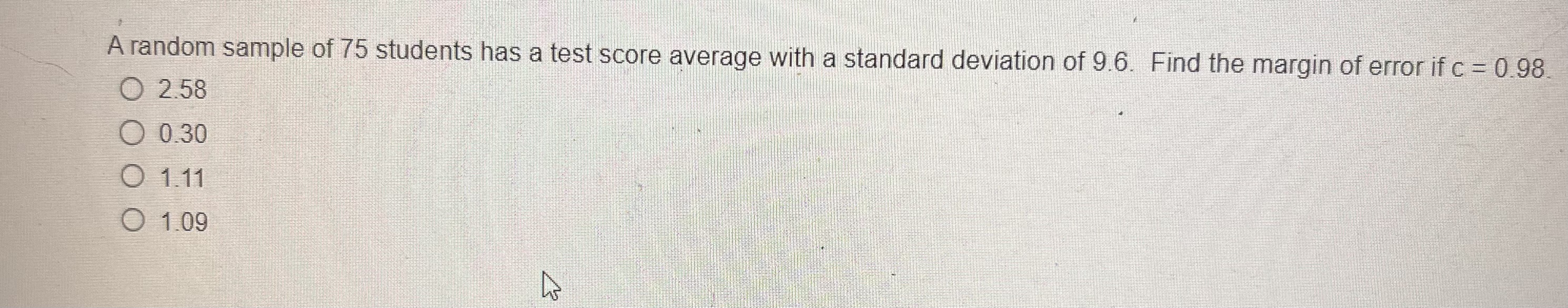 A random sample of 75 students has a test score average with