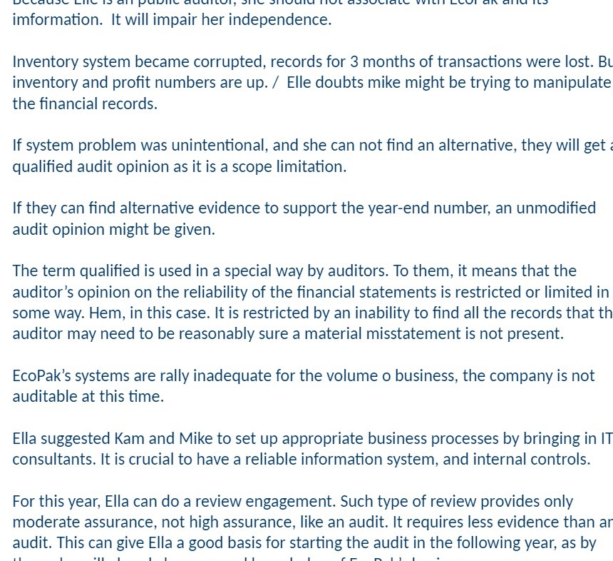  imformation. It will impair her independence. Inventory system became corrupted, records