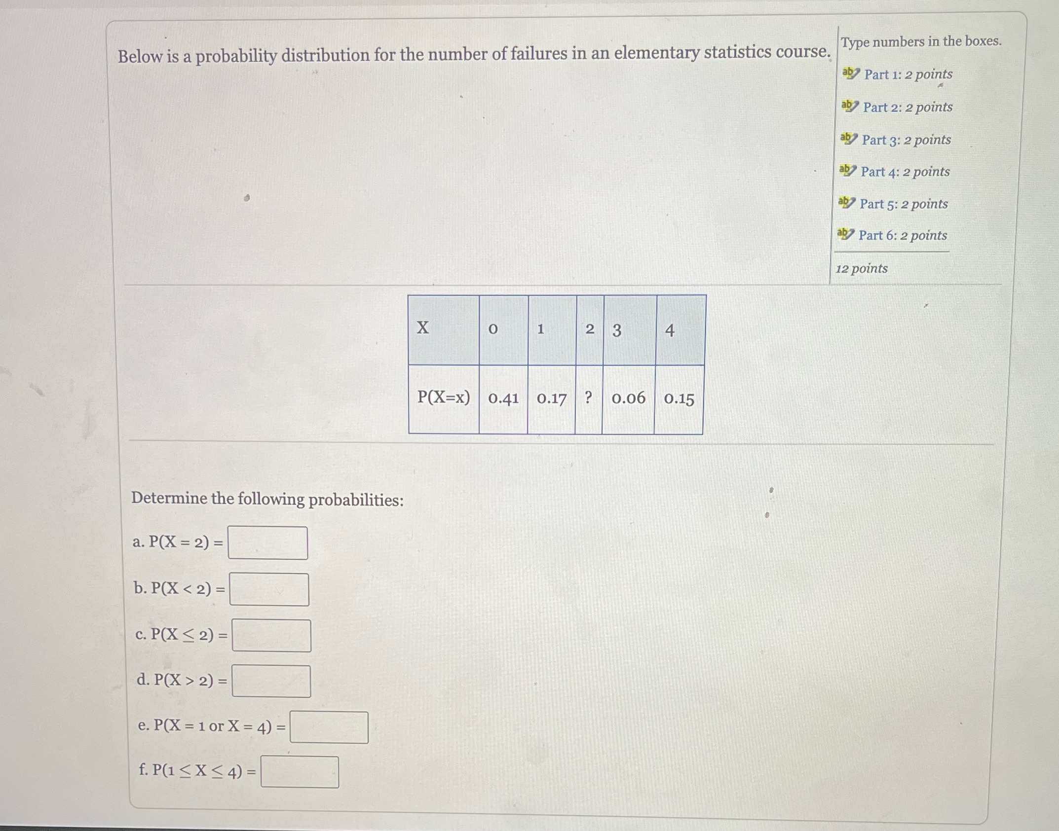  Type numbers in the boxes. Below is a probability distribution for