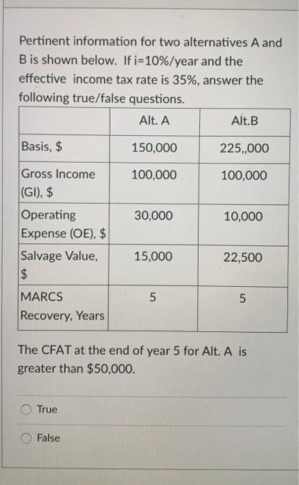 Pertinent information for two alternatives A and B is shown below. If