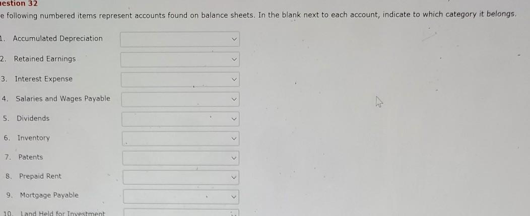estion 32 e following numbered items represent accounts found on balance sheets.