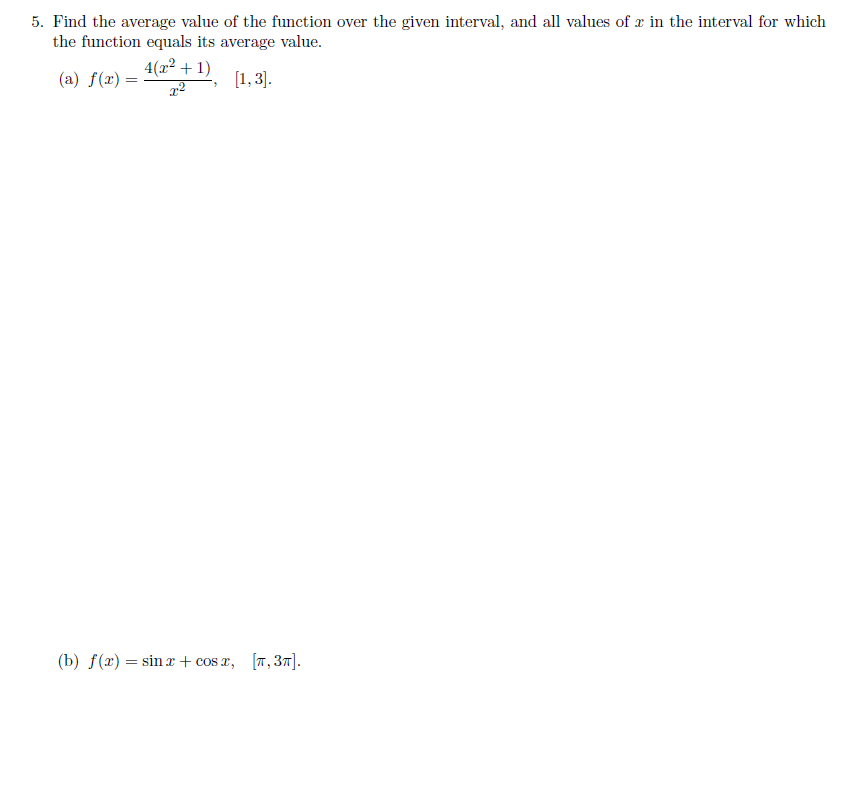 5. Find the average value of the function over the given