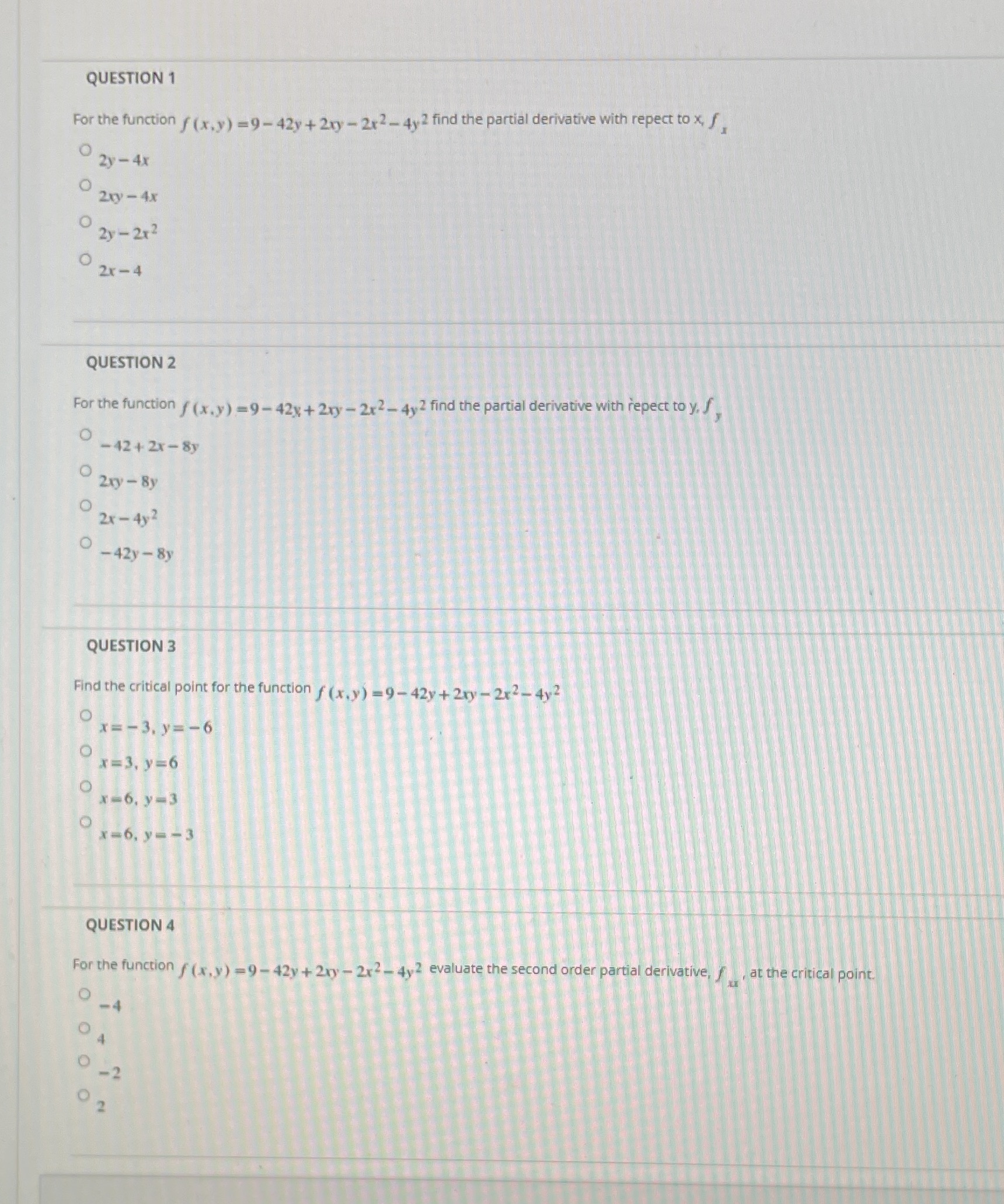QUESTION 1 For the function f (x.y) =9-42y + 2xy -
