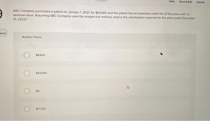 Help Save & Exit Submit ABC Company purchases a patent on January