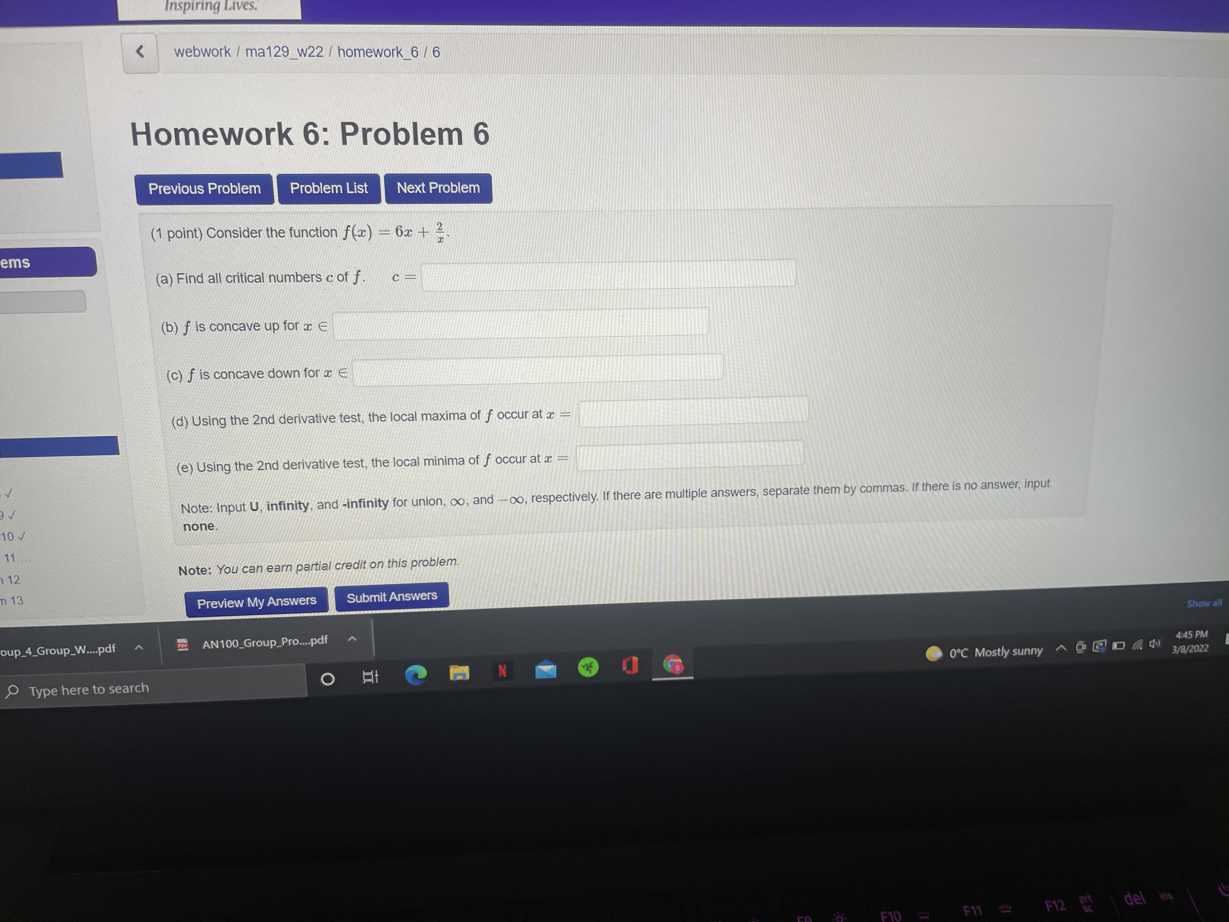 < webwork I ma129_w22 1 homework 6 / 6 Homework 6: Problem