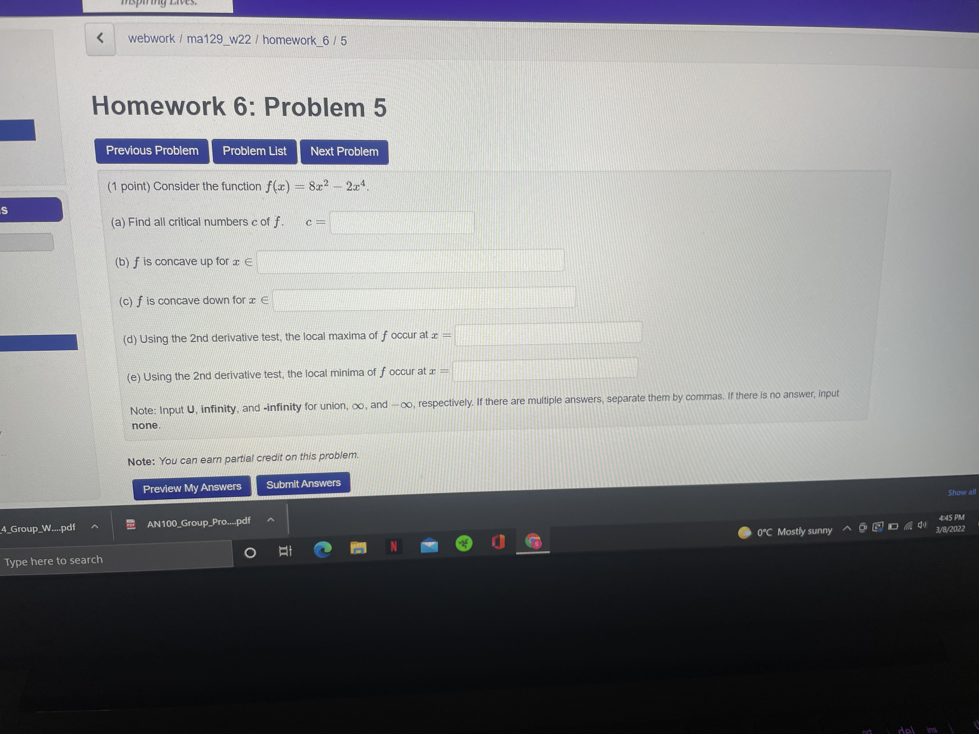 (1 point) Consider the function (a) Find all critical numbers c of