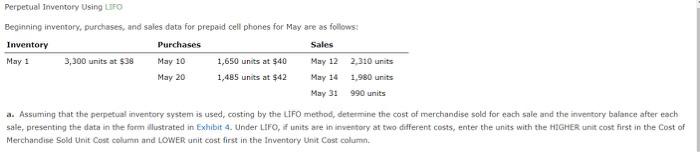 Perpetual Inventory Using LIFO Beginning inventory, purchases, and sales data for prepaid