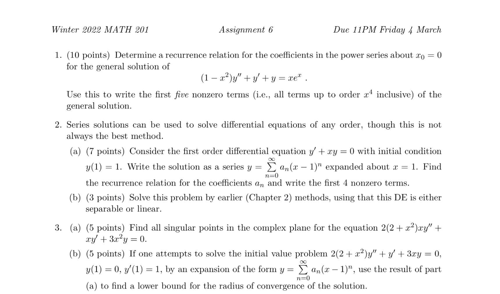  Winter 2022 MATH 201 Assignment 6 Due 11PM Friday 4 March