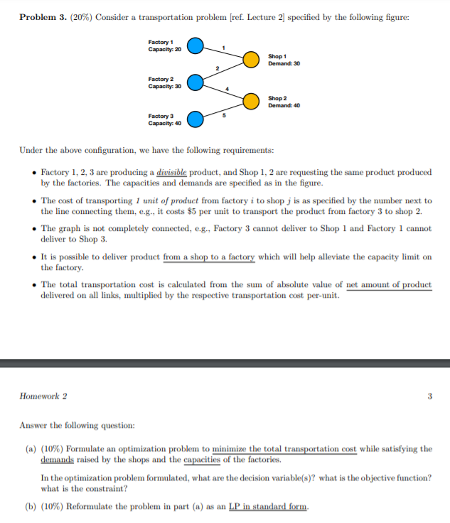  Problem 3. (20%) Consider a transportation problem [ref. Lecture 2] specified