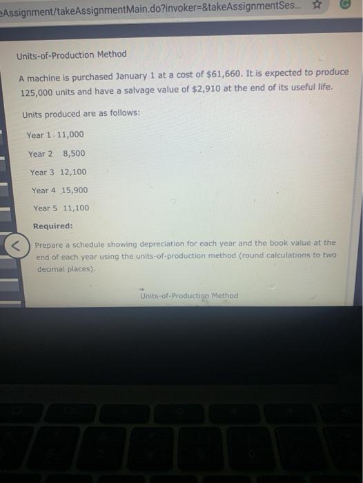 eAssignment/takeAssignmentMain.do?invoker-&takeAssignmentSes.... Units-of-Production Method A machine is purchased January 1 at a cost