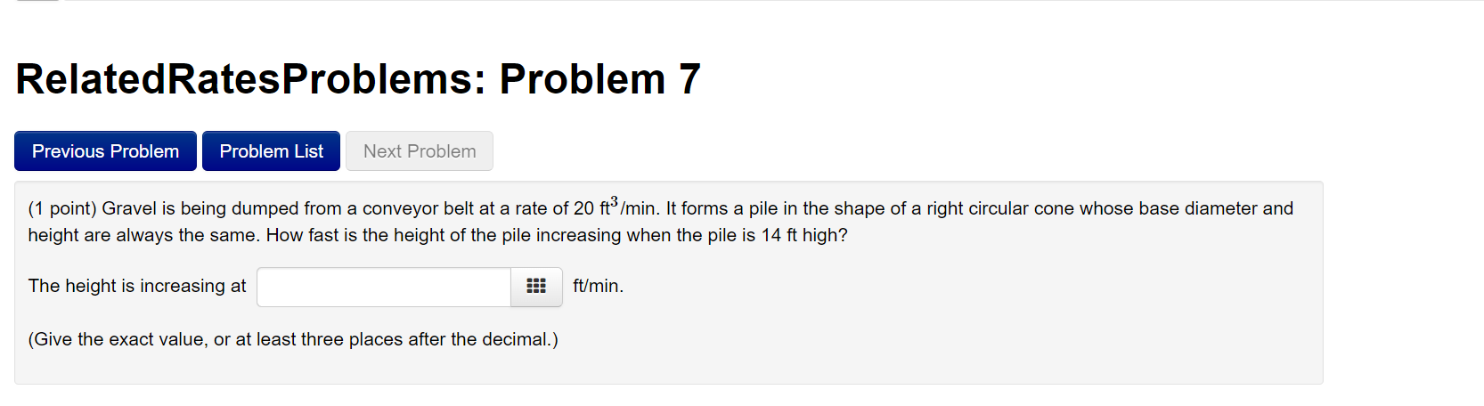  RelatedRatesProblems: Problem 7 Previous Problem Problem List Next Problem (1 point)