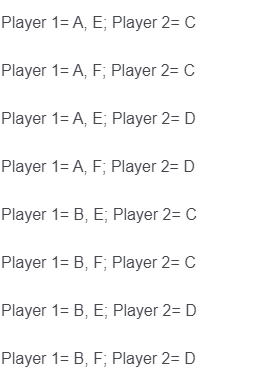 2Player 1= A, E; Player 2= C Player 1= A, F; Player