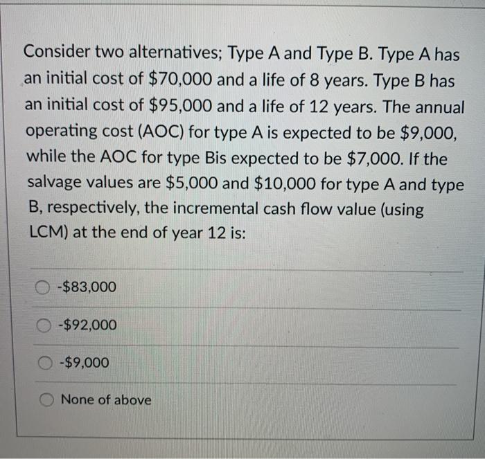 Consider two alternatives; Type A and Type B. Type A has an
