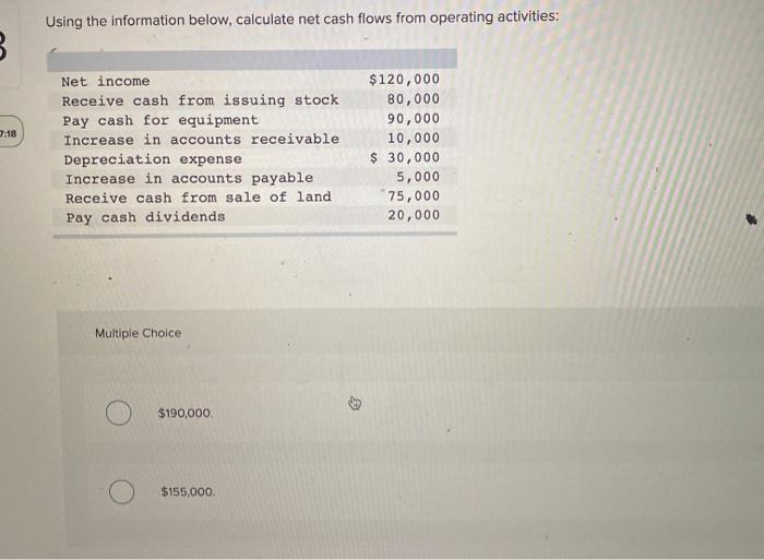 7:18 Using the information below, calculate net cash flows from operating activities: