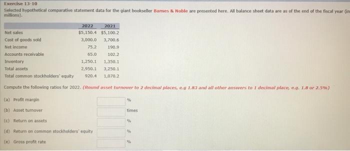 Exercise 13-10 Selected hypothetical comparative statement data for the giant bookseller Barnes