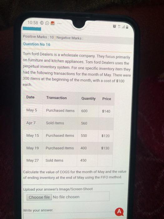 10:58 Positive Marks: 10 | Negative Marks: Question No 16 Tom ford