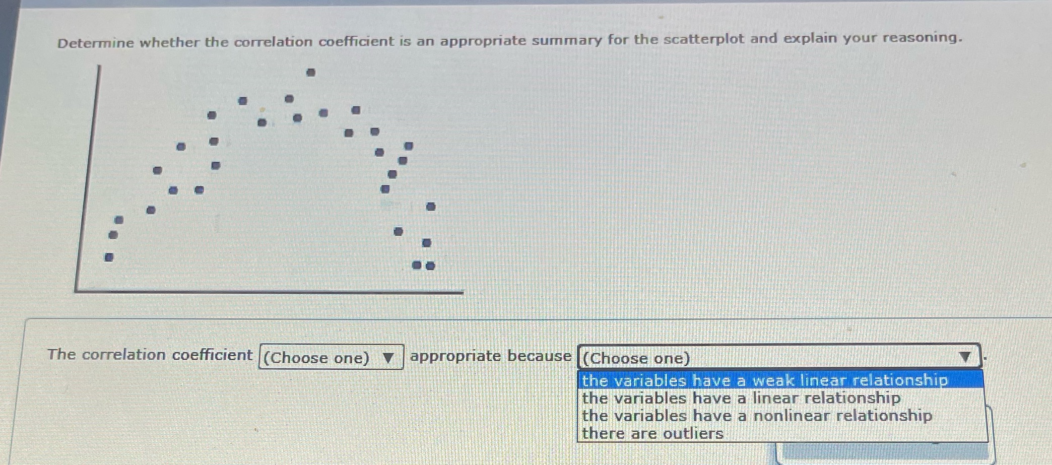  Determine whether the correlation coefficient is an appropriate summary for the