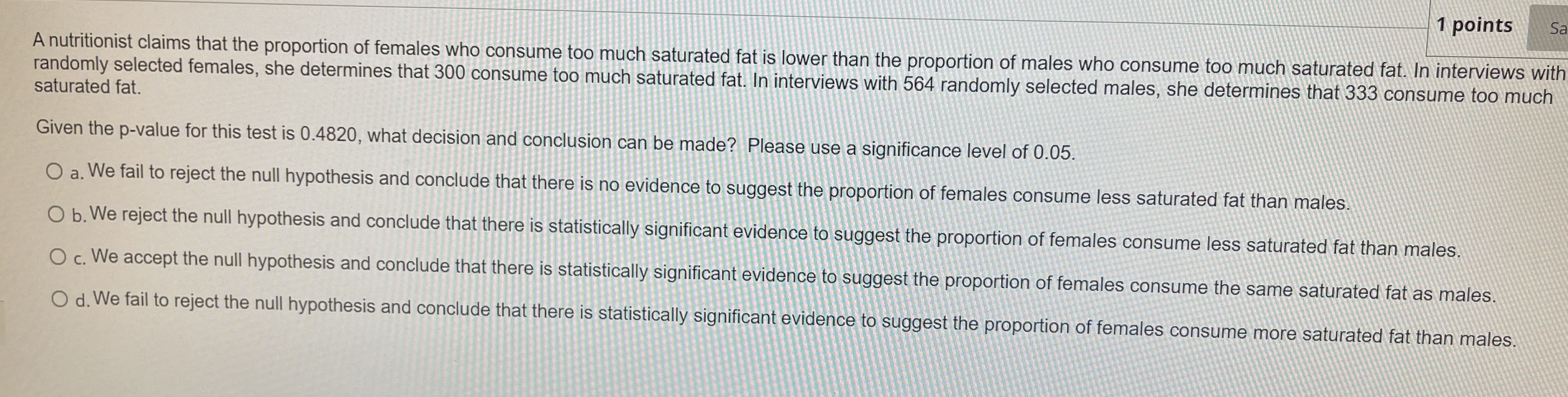 26 1 points Sa A nutritionist claims that the proportion of females