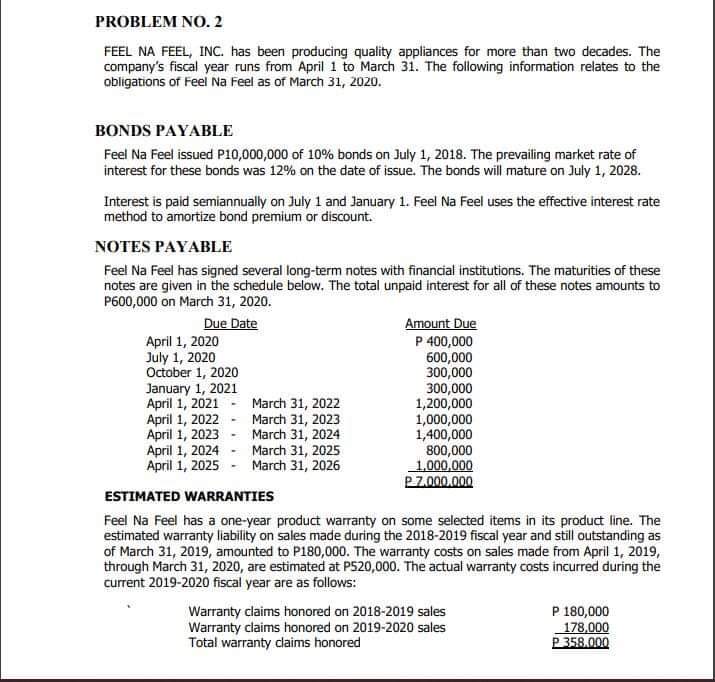 Answer the following problems with complete solutions. PROBLEM NO. 2 FEEL NA