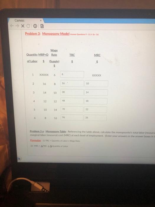 Canvas XC Problem 3: Monopsony Model Q-15-3 Wage Quantity MRP-D Rate TRC