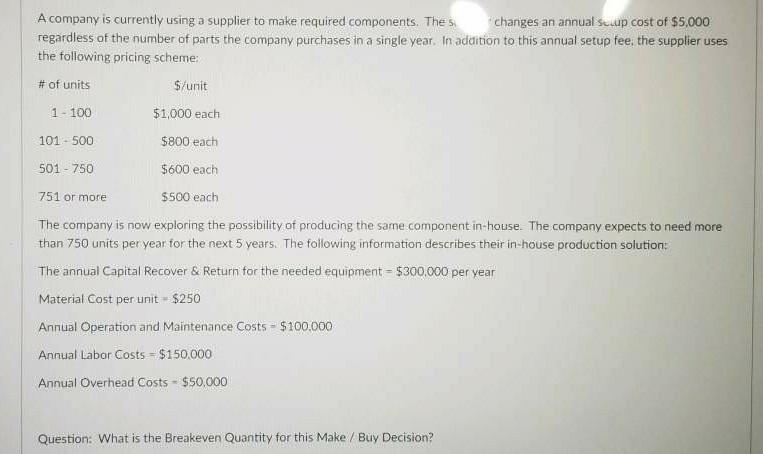 A company is currently using a supplier to make required components. The