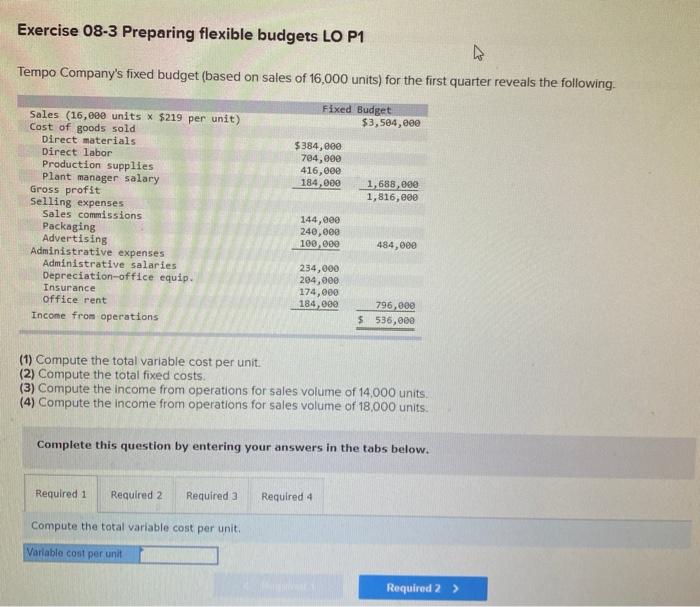 Exercise 08-3 Preparing flexible budgets LO P1 Tempo Company's fixed budget (based