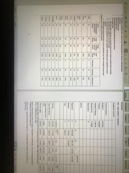 B 2 Question Dates contains the following data for several underdeveloped Co