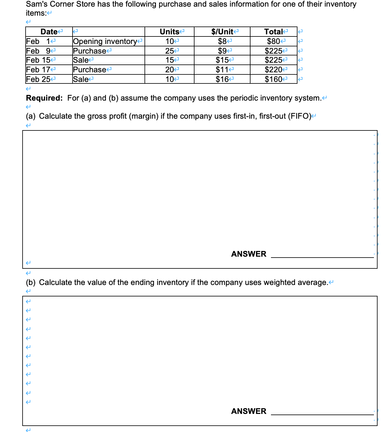 thank you help me get answer Sam's Corner Store has the following