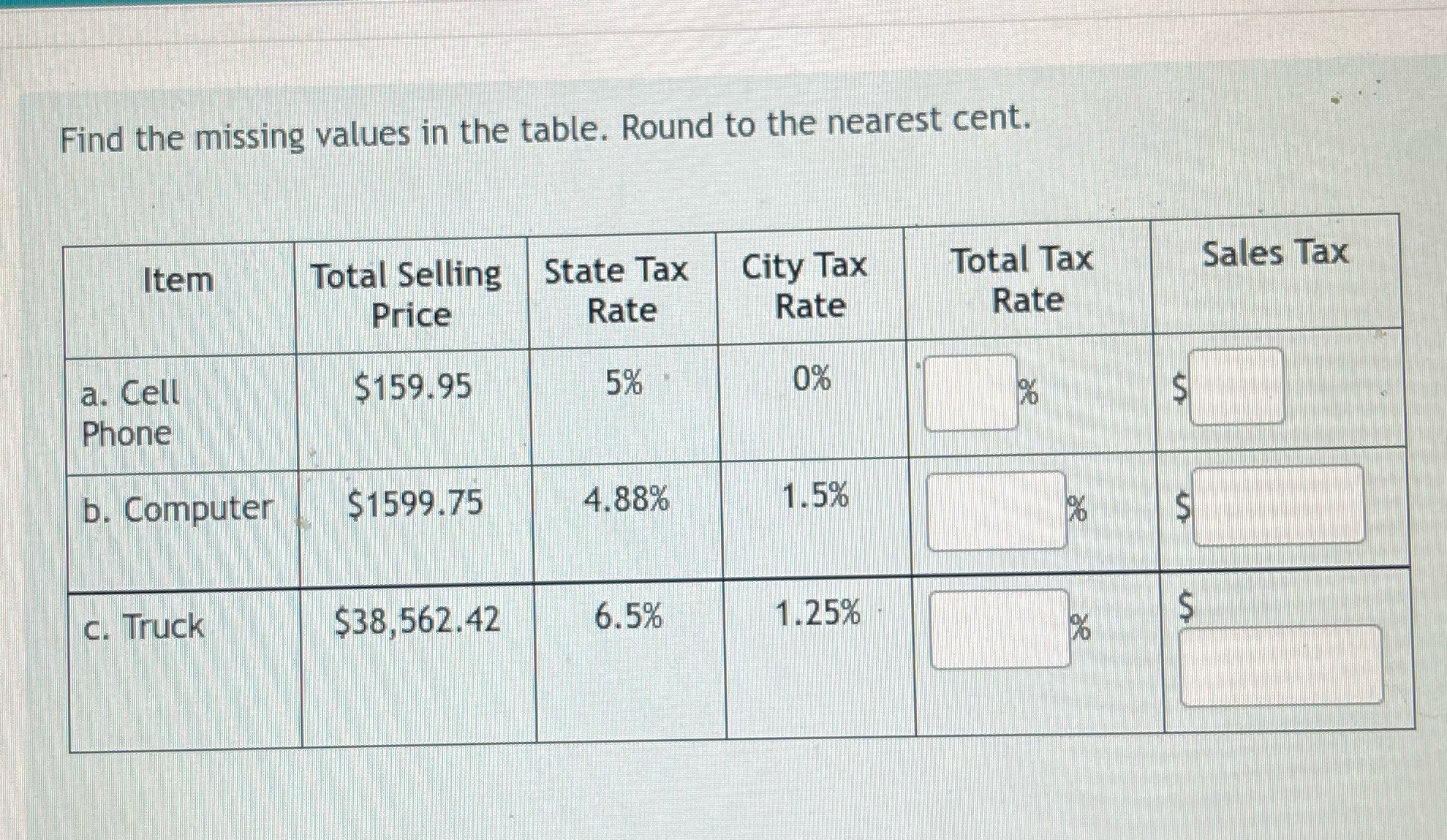 Find the missing values in the table. Round to the nearest