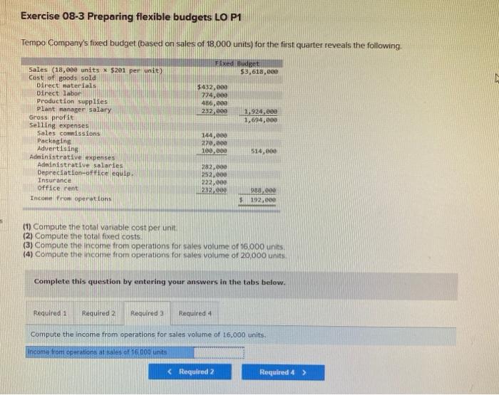 Exercise 08-3 Preparing flexible budgets LO P1 Tempo Company's fixed budget (based