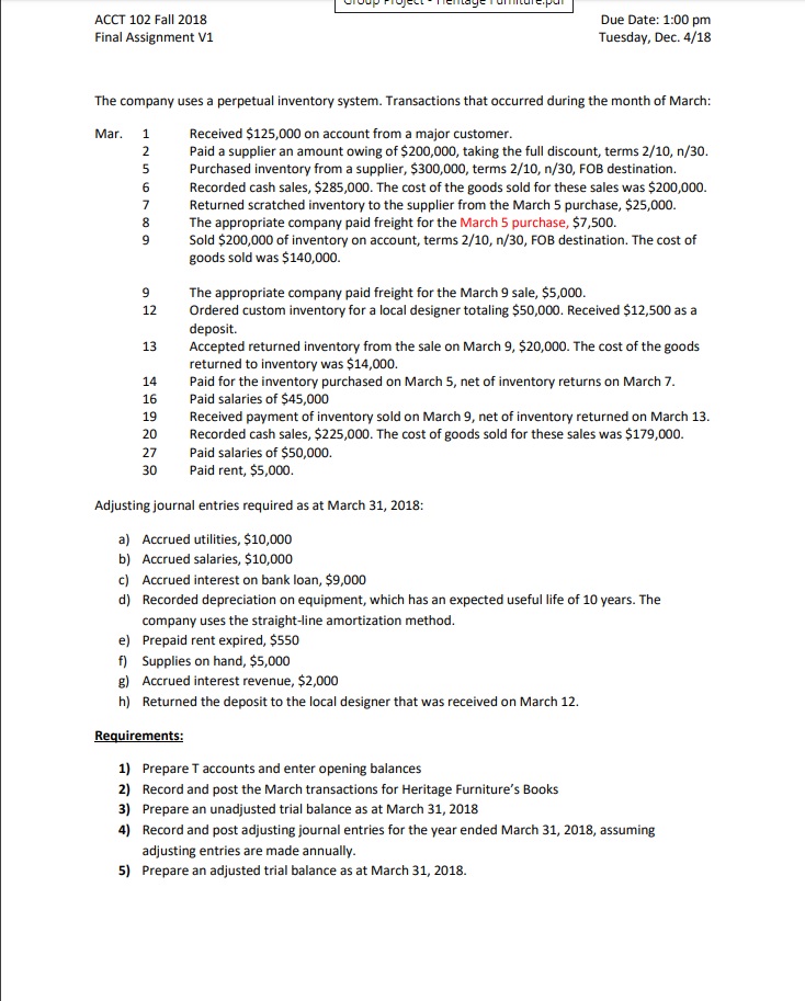 Furniture Limited has a March 31, 2018 year-end. The business reports the