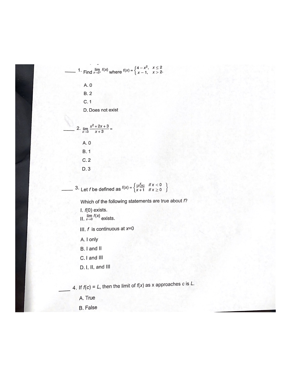  1. Find lim, "(x) where f(x) = x - 1,' x>
