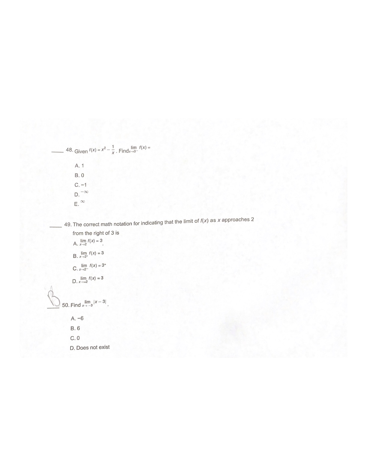 2 A. O B. 2 C. 1 D. Does not exist 2.