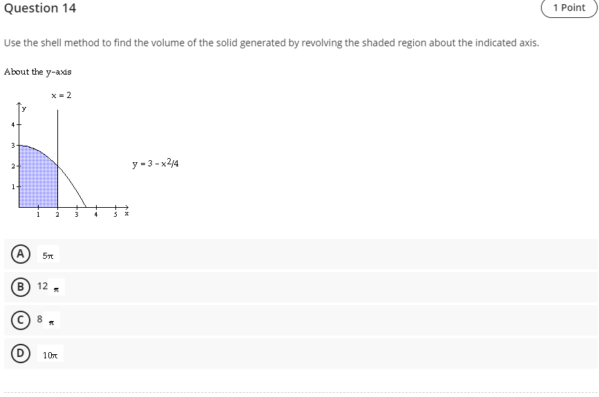 Question14 i 1Point i USe the Shell method to find the