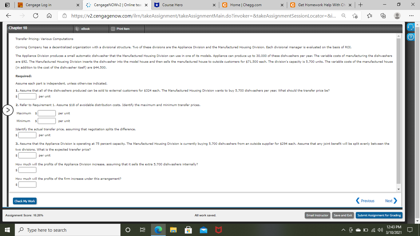 Transfer Pricing: Various ComputationsCorning Company has a decentralized organization with a divisional