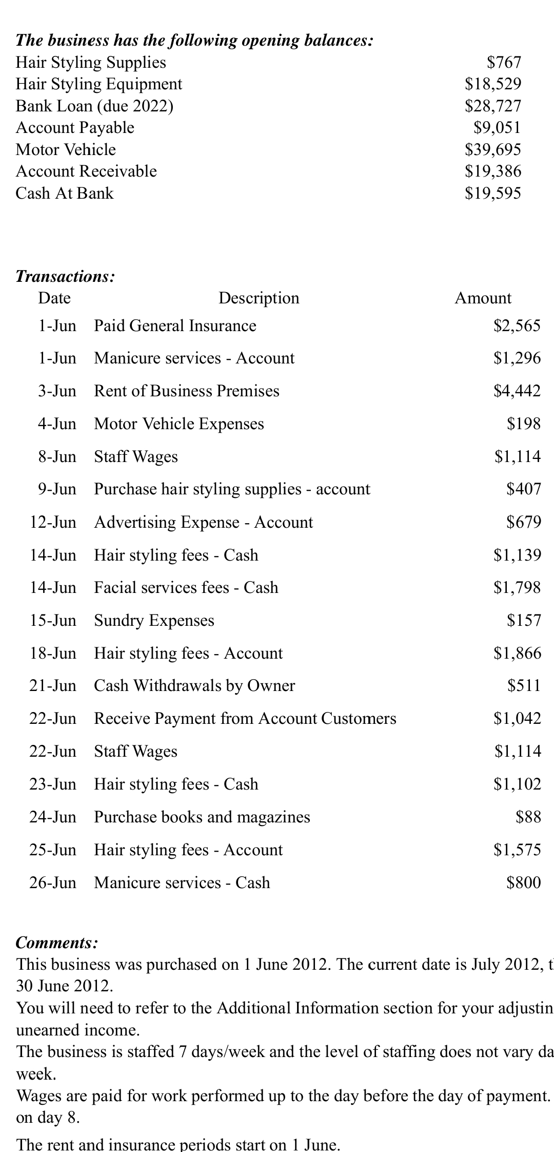 comments for data sheet. Comments:This business was purchased on 1 June 2012.